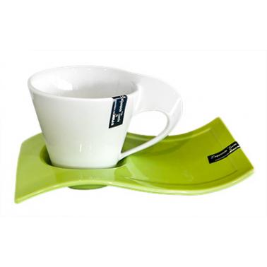 Порцеланова чаша с чинийка  DY0634 200мл бяло/зелено DL - Китайски порцелан