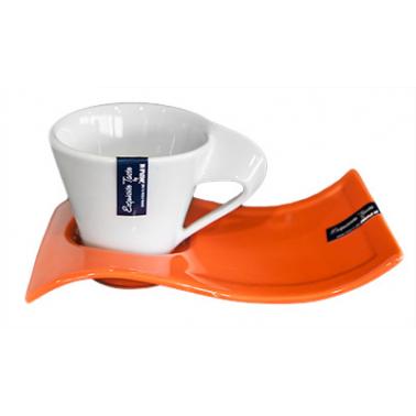 Порцеланова чаша с чинийка  DY0634 200мл бяло/оранжево DL - Китайски порцелан
