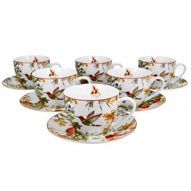 Комплект от 6 порцеланови чаши с подложни чинийки с декор “LINNEA” в подаръчна кутия, 250мл, ф9см, h7см – DUO