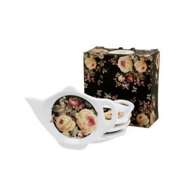 Комплект от 4 порцеланови поставки за пакетчета чай с декор “WARDA” в подаръчна кутия, ф8,5см, h2см – DUO