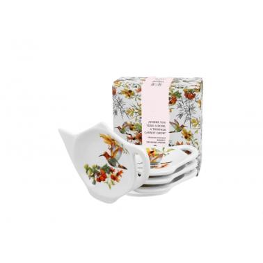 Комплект от 4 порцеланови поставки за пакетчета чай с декор “LINNEA” в подаръчна кутия, ф8,5см, h2см – DUO