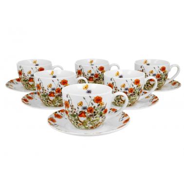 Комплект от 6 порцеланови чаши с подложни чинийки с декор “ДИВА ПТИЦА” в подаръчна кутия, 250мл, ф9см, h7см – DUO