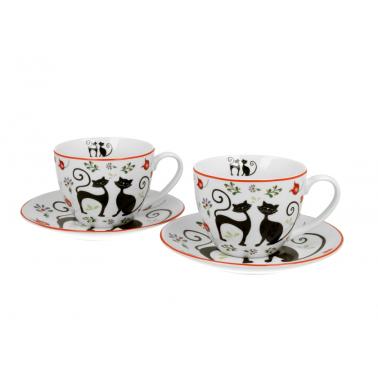 Комплект от 2 порцеланови чаши с подложни чинийки с декор “ЕТНО КОТКИ” в подаръчна кутия, 250мл, ф9см, h7см – DUO