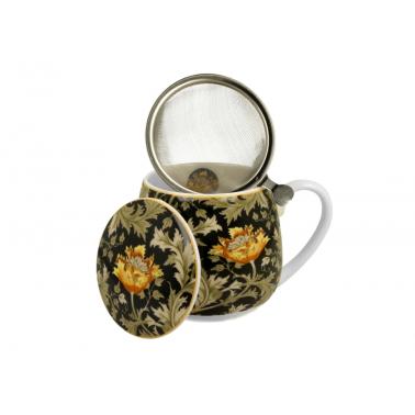 Порцеланова чаша с декор “ХРИЗАНТЕМА” , вдъхновен от Уилям Морис, с цедка и капаче в подаръчна кутия, 430мл, ф8см, h9,8см – DUO