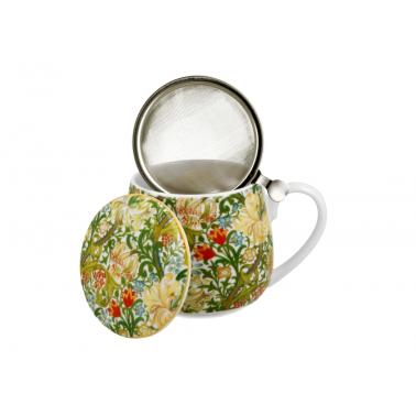 Порцеланова чаша с декор “ЗЛАТНА ЛИЛИЯ” , вдъхновен от Уилям Морис, с цедка и капаче в подаръчна кутия, 430мл, ф8см, h9,8см – DUO