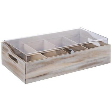 Дървен разделител / кутия за прибори с 4 разделения и акрилен капак, 51x28xh13см, vintage white, стакабъл – APS