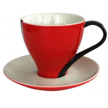 Порцеланова чаша за чай с чинийка 220мл  и  червен кант (XF21-08)КП - Китайски порцелан