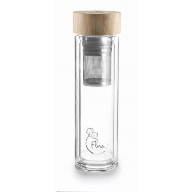 Стъклена бутилка с бамбуков капак и иноксов филтър ф6,6см h21,5см 350мл FLORA - Lacor